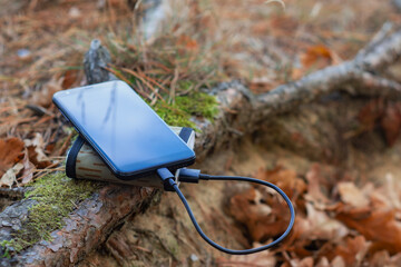 A portable charger charges the smartphone. Power Bank with cable in the forest.