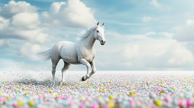 Whimsical Escape: A White Horse Galloping Freely in a Surreal White Swamp, Littered with Vivid Colorful Lollipops