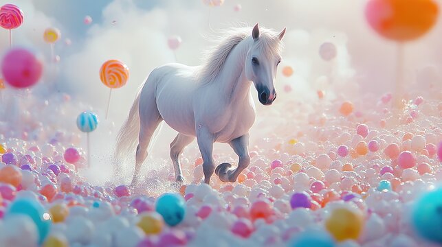 Whimsical Escape: A White Horse Galloping Freely in a Surreal White Swamp, Littered with Vivid Colorful Lollipops