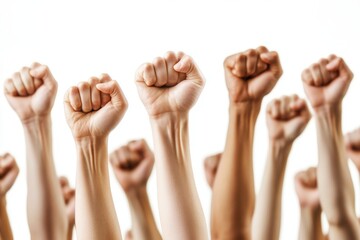 Raised fists in the air symbolizing strength and unity isolated on a white background
