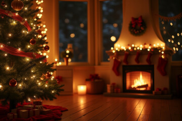A cozy Christmas scene with a beautifully decorated tree and a warm fireplace.