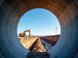 Heavy machinery is digging a trench in a construction area, while American flags stand tall in the background against a bright blue sky. Dust rises from the active site