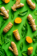 A bunch of tumeric root and leaves on a green background