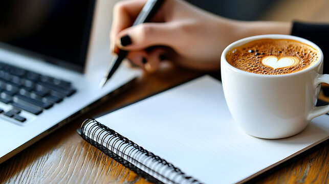 A woman is writing on a notebook with a pen while holding a cup of coffee - Powered by Adobe