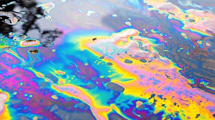 Close-up of oil droplets on the water surface creating colorful rainbow patterns. Environmental protection,scientific research,environmental pollution, sustainable development, natural resources