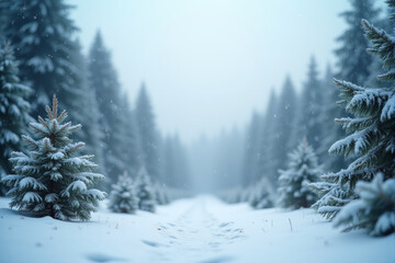 Fototapeta premium A serene winter wonderland with snow-covered pine trees and a gently falling snowfall.