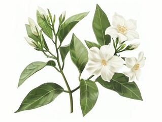 A delicate branch featuring white flowers and green leaves, symbolizing beauty and nature.