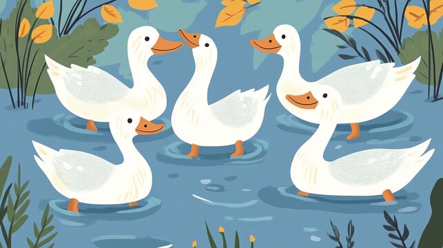 A Serene Scene of a Duck Family Swimming Playfully in a Crystal Clear River, Embracing Nature's Beauty and Wildlife Harmony