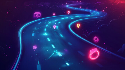 Obraz premium Futuristic Highway with Glowing Neon Lights and Financial Symbols Representing the Road to Success 