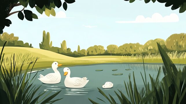 A Serene Scene of a Duck Family Swimming Playfully in a Crystal Clear River, Embracing Nature's Beauty and Wildlife Harmony