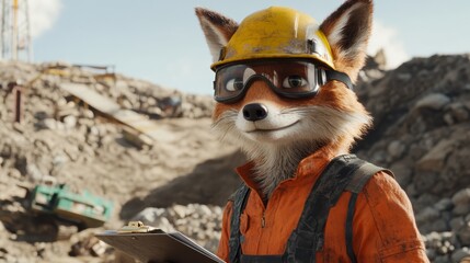 Ingenious fox in hard hat and glasses, a symbol of construction, engineering, architecture