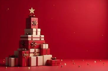 A Christmas tree made of gifts.