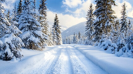 Obraz premium A secluded winter trail with tall, snowy trees on either side and soft tracks in fresh snow.