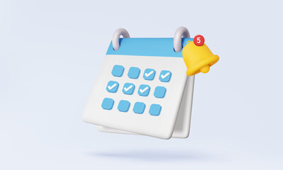 3D vector Calendar icon symbol with alert bell warning. event schedule planner design on isolated on pastel background. Day month year time concept. agenda mark date. illustration