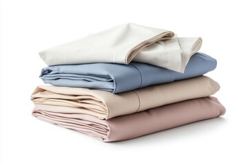 Stack of neatly folded bed sheets in neutral colors Isolated on a white background