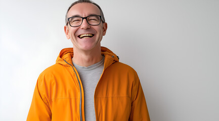 Portrait of a happy middle-aged man with glasses, laughing and wearing a casual orange jacket and grey t-shirt, standing against a white background. 8K resolution, real photo, photography