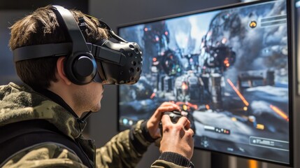 Man wearing VR headset playing immersive video game.