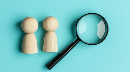 Fototapeta premium Two wooden figures and a magnifying glass on a blue background, symbolizing investigation and analysis.