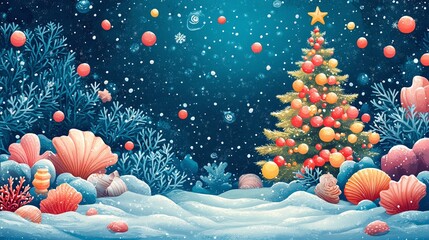 Game level. Cartoon underwater landscape with seaweed, corals and christmas fir, sea animals and fish. Christmas under water background with tree, gerland, shells, corals, sand, blue water