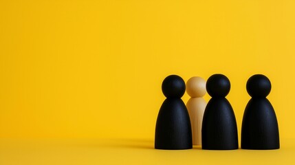 Four wooden figures on a yellow background symbolizing diversity and inclusion.