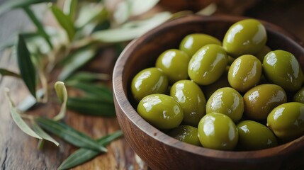 Fresh green olives in a rustic wooden bowl, surrounded by olive leaves on a natural wooden table.