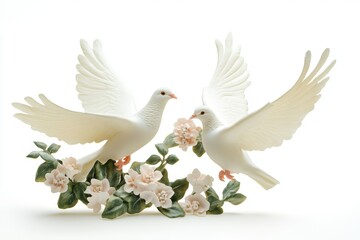 Obraz premium Two white doves holding flowers in flight isolated against a clean white background
