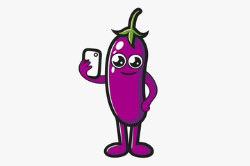 cute face eggplant taking selfie in white background