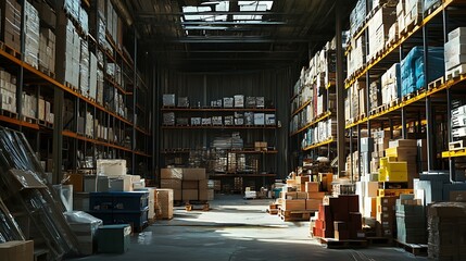 Obraz premium different pieces of a warehouse rushing into view around a static manager