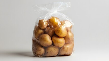 A plastic bag filled with fresh, yellow potatoes on a white background.