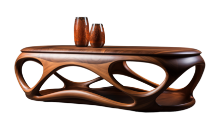 A walnut wood coffee table with a smooth curved design and hidden drawer, blending minimalist style with functional elegance, isolated on transparent background.