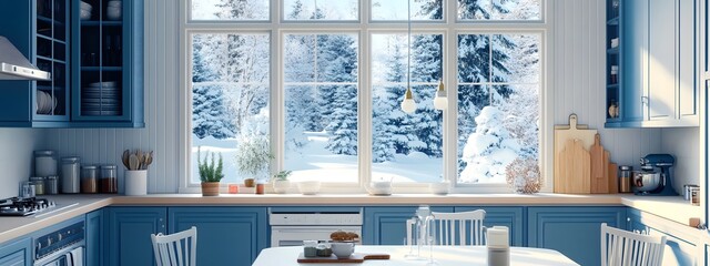 A cozy kitchen with blue cabinets and a white table, a large window showing a snowy scene outside,...