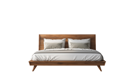 A modern wood double bed with a sleek design and elegant headboard, perfect for any contemporary bedroom, isolated on transparent background.
