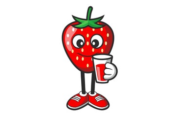 cute strawberry  face holding juice glass in white background