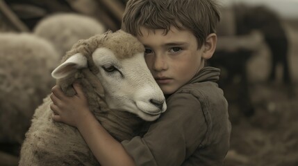 Young Boy Embracing a Sheep Tenderly