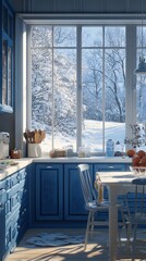 A cozy kitchen with blue cabinets and a white table, a large window showing a snowy scene outside,...