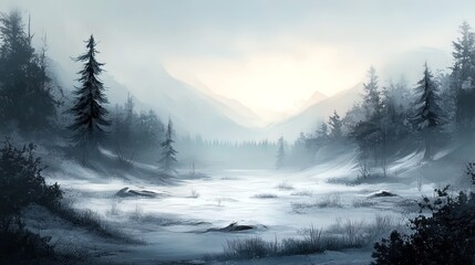 Wintery Landscape with Foggy Mountain Valley
