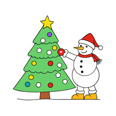 A snowman decorating a Christmas tree with colorful ornaments