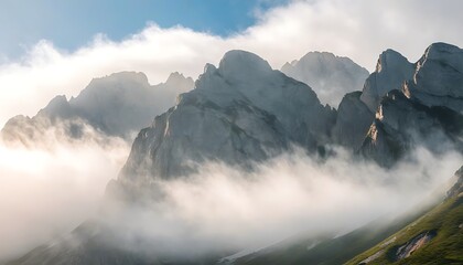 Mystic beauty of mountains embraced by dense fog