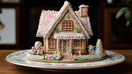 Elegant gingerbread house with delicate frosting filigree and colorful candy shingles on a porcelain display plate