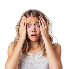 Naklejka premium Young woman looking stressed holding her head with wide eyes isolated on white background