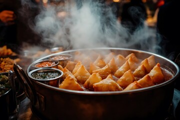 A big steaming pot of Indian samosas, golden brown and crispy, accompanied by small bowls of chutney, with people chatting in the background. Street food Photography, Menu Style Photo Image