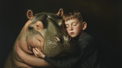 Young Boy Embracing a Hippopotamus Together