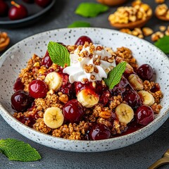 Delicious dessert with granola, cherries, banana slices, whipped cream, and walnuts.
