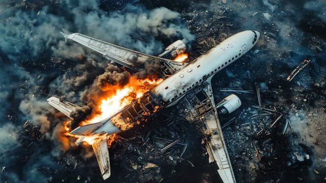 A stunning aerial view captures an airplane engulfed in flames following a catastrophic crash landing incident