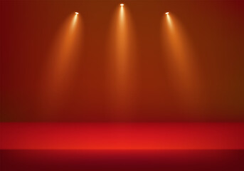 Empty Red studio background. wall room with lights. Space for selling products on the website. Background vector 3d. Vector illustration.
