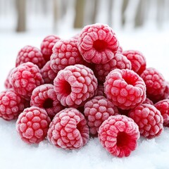 Frozen raspberries on snow.