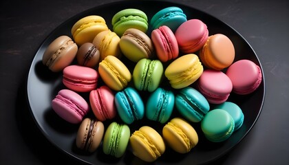 Macarons de colores variados en un plato negro, incluidos macarons rosados, verdes, amarillos y marrones