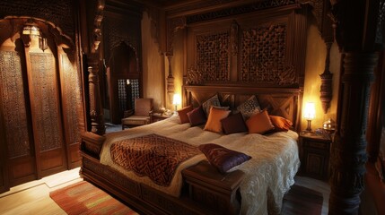 Fototapeta premium Luxurious master bedroom with ornate wooden four-poster bed, rich textiles, and warm lighting.