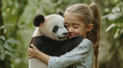 Obraz premium Young Girl Cuddling Adorable Panda Bear