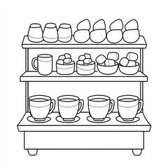 Obraz premium A warm cocoa stand with mugs and marshmallows, coloring page for kids, simple outline illustration. Coloring book, simple lines.